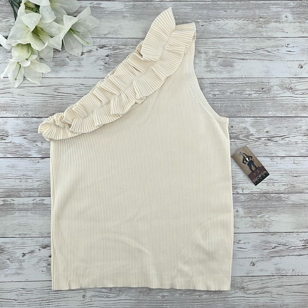 sofia by sofia vergara Cream One-Shoulder Ruffle Ribbed Tank